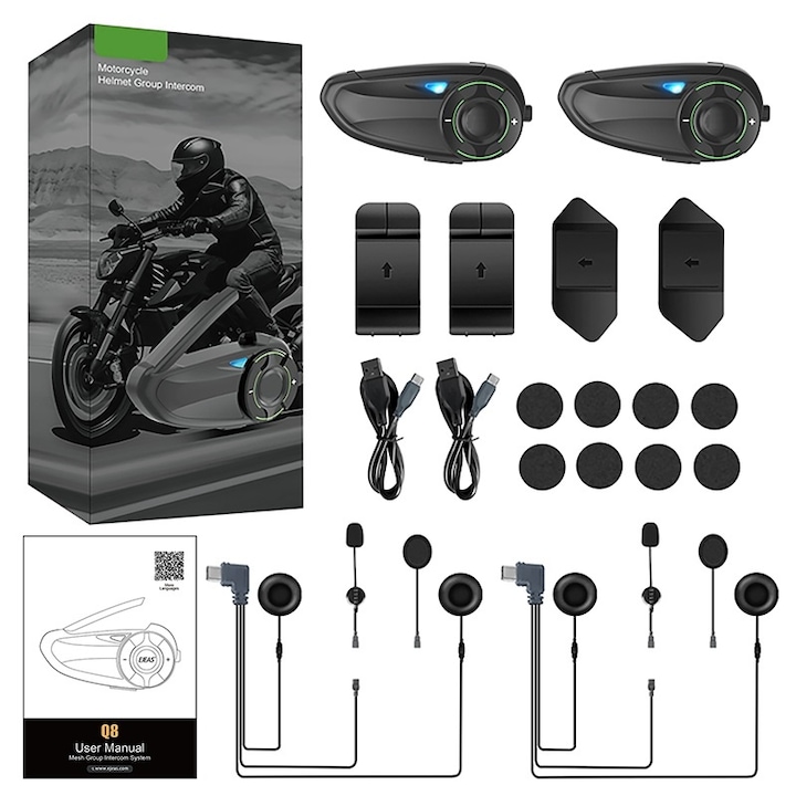 2db motorkerékpár kommunikációs rendszer Q8, Chigoods, Mesh 3, zenemegosztás, IP67, 6 felhasználó, 1200 mah, távolság akár 1000 m