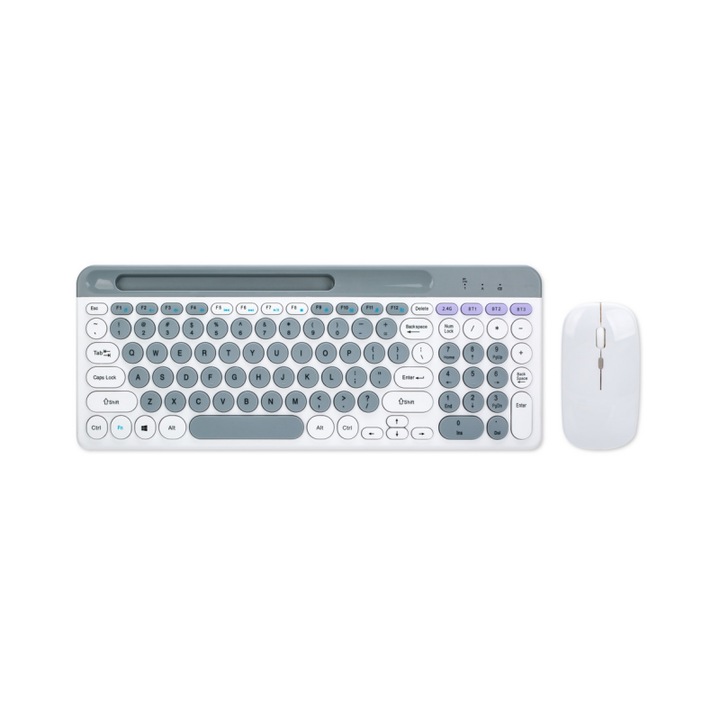 Set tastatura si mouse pentru PC, Conectivitate wireless cu doua moduri, 2.4G, Conectivitate Bluetooth, Tastele rotunjite concave, Design ergonomic, Tampon de protectie, Rezistent la praf si apa, Incarcare USB, Gri