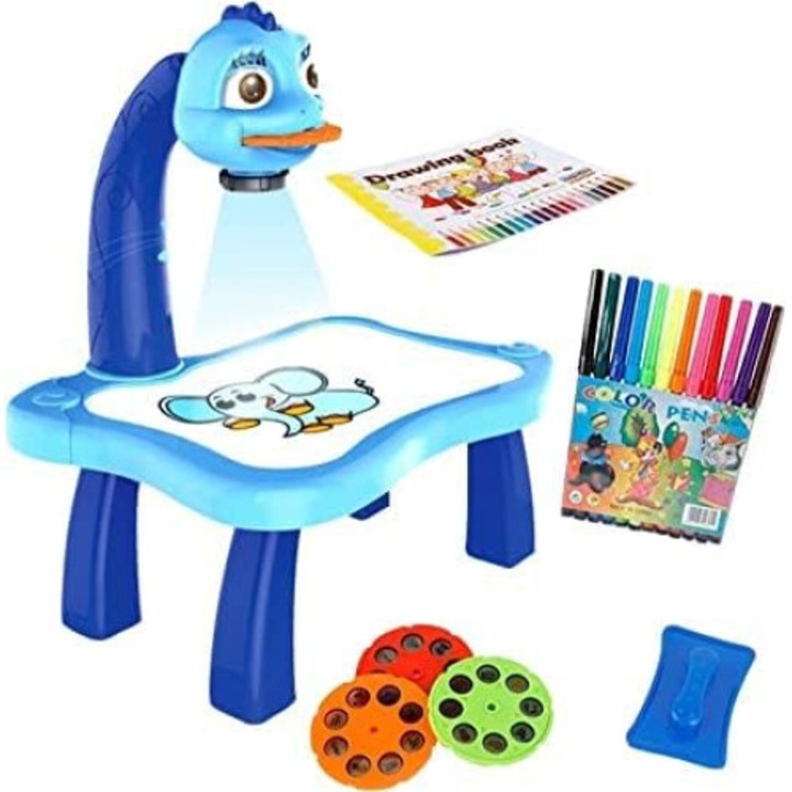 Oktató rajzasztal gyerekeknek, projektorral és zenével, 12 színű készlet, szivacs, 24 kép, 38X 25,5 x 9 cm, kék, Dalimag