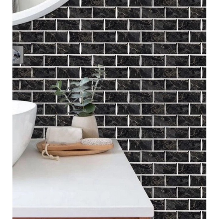 Set 5 x tapet autoadeziv decorativ, spuma moale, lavabil, adeziv puternic, usor de montat, 30x60cm, negru, model marmura