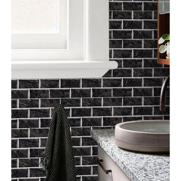 Set 5 x tapet autoadeziv decorativ, spuma moale, lavabil, adeziv puternic, usor de montat, 30x60cm, negru, model marmura