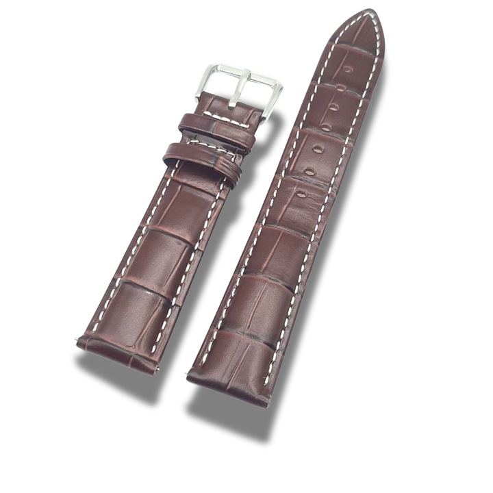 Curea de ceas piele 22 mm maro cu imprimeu crocodil cusatura alba catarama argintie