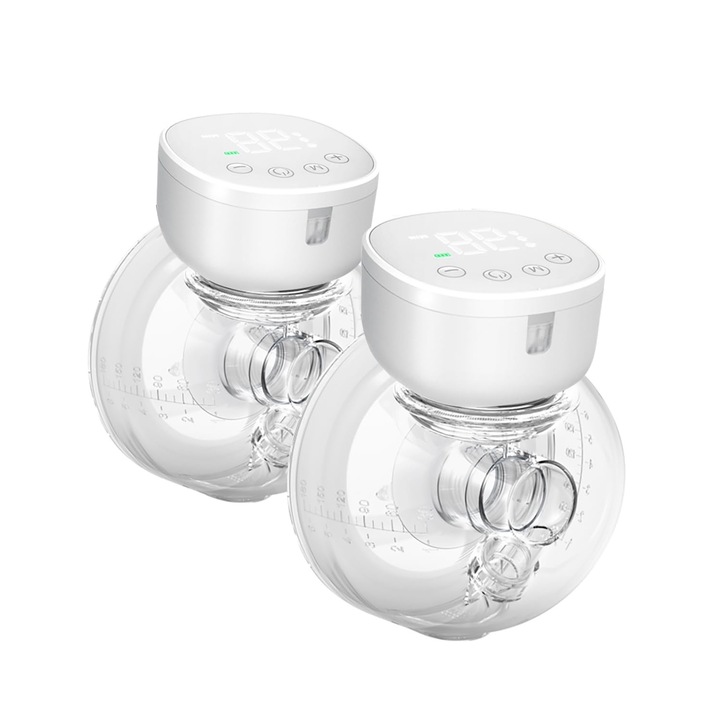 2 db elektromos mellszívó készlet, hordozható, visszafolyásgátló, alacsony zajszint, masszázs funkció, 3 üzemmód, 9 intenzitási fokozat, vezeték nélküli, LED kijelző, űrtartalom 210 ml, újratölthető, USB-C, fehér