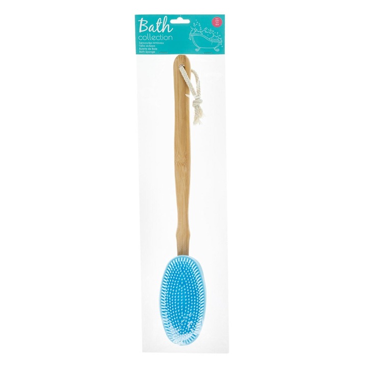 Fürdőkefe, kék, szilikon szivaccsal és fa nyéllel, 41cm