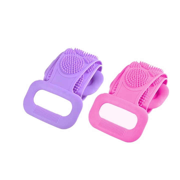 2 db-os fürdőszivacs készlet, testmosáshoz és bőrradírozáshoz, csík 2 csíkos oldallal a mélytisztításhoz, masszázskefe, 60 cm x 10 cm, szilikon, rózsaszín, lila, HAPPY JOKER®