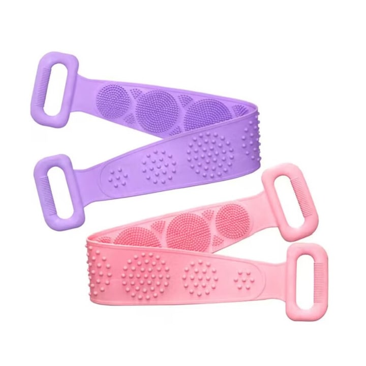 2 db-os fürdőszivacs készlet, testmosáshoz és bőrradírozáshoz, karcsú test, szalag 2 csíkos oldallal a mélytisztításhoz, masszázskefe, hátmosó, 60 cm X 10 cm, Premium szilikon, rózsaszín, kék, HAPPY JOKER®,