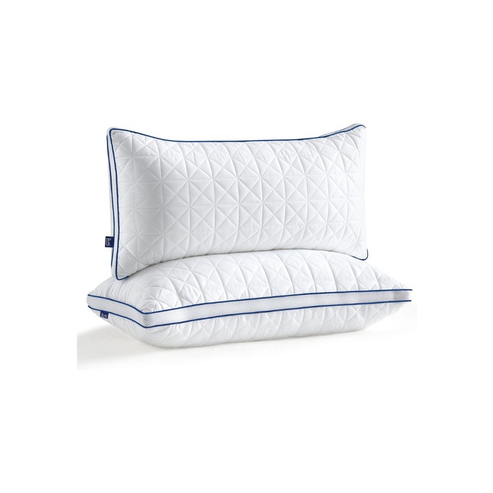 Set de 2 perne, BedStory, 35 x 80 cm, 950 g, din microfibra, ferma si respirabila, Alb cu margini bleumarin