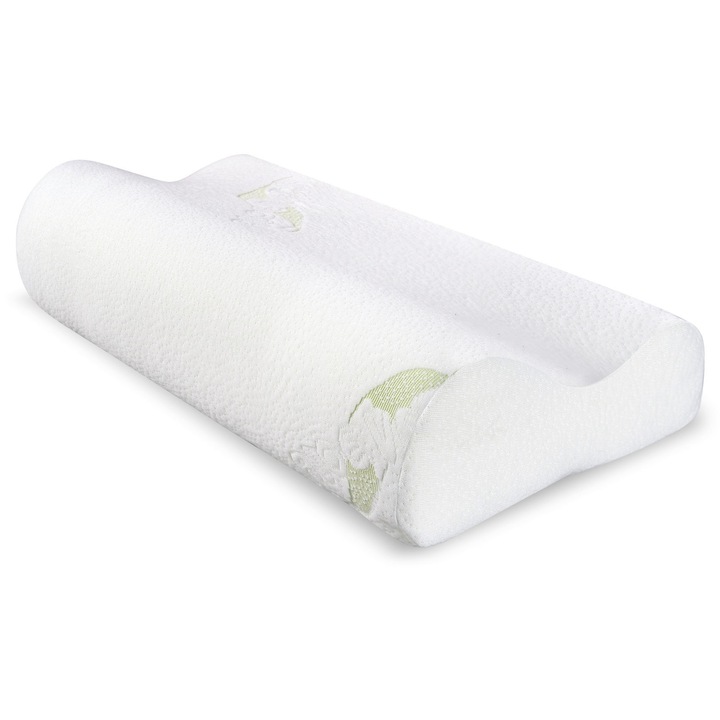 Perna Ortopedica Pentru Dormit Aloe Vera, Edanti, Spuma Cu Memorie, Ergonomica Pentru Gat Si Suport Cervical, 50X30 Cm, Poliester, Alb