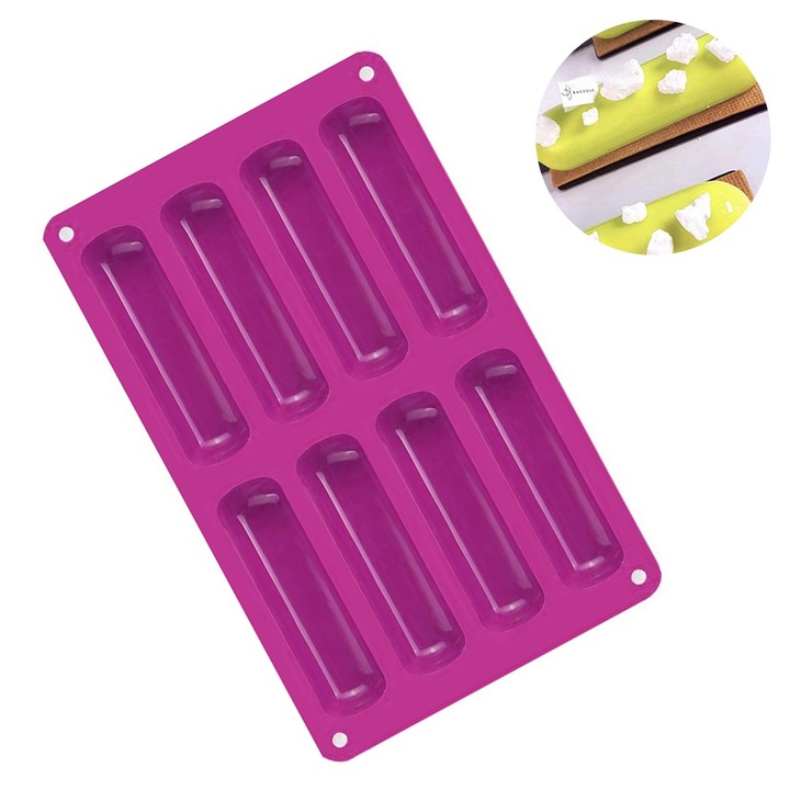 Szilikon tálca eclairekhez, 8 mélyedés, téglalap alakú, BPA-mentes, méretek 30x10cm