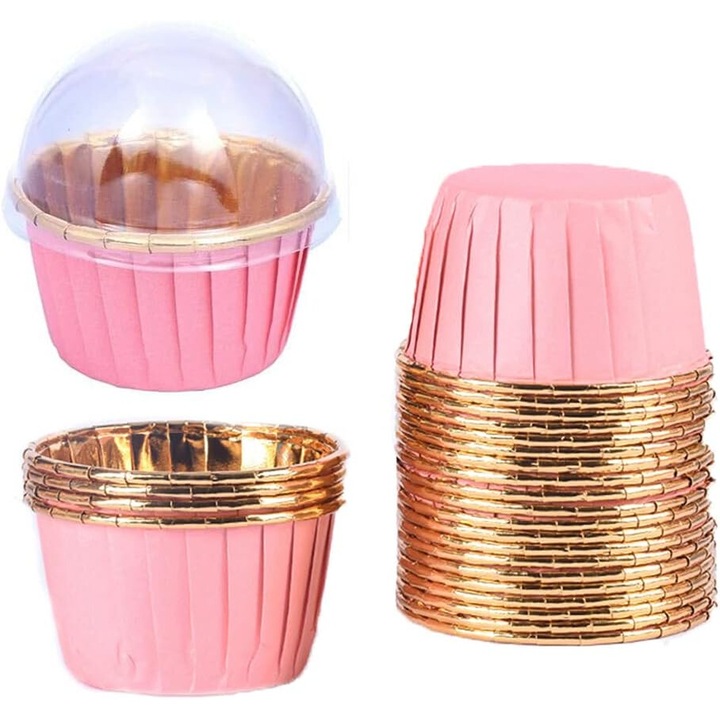 Set 50 forme prajituri din folie de aluminiu, AMRINUGL, roz/auriu, 6.8x5cm, ecologice