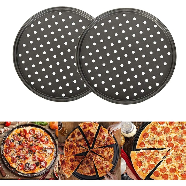 Tava pentru pizza Chef's Choice cu gauri, 2 pachete de foaie de copt antiaderenta din otel carbon perforata pentru pizza, tava de cuptor de bucatarie, restaurant, pentru pizza crocante