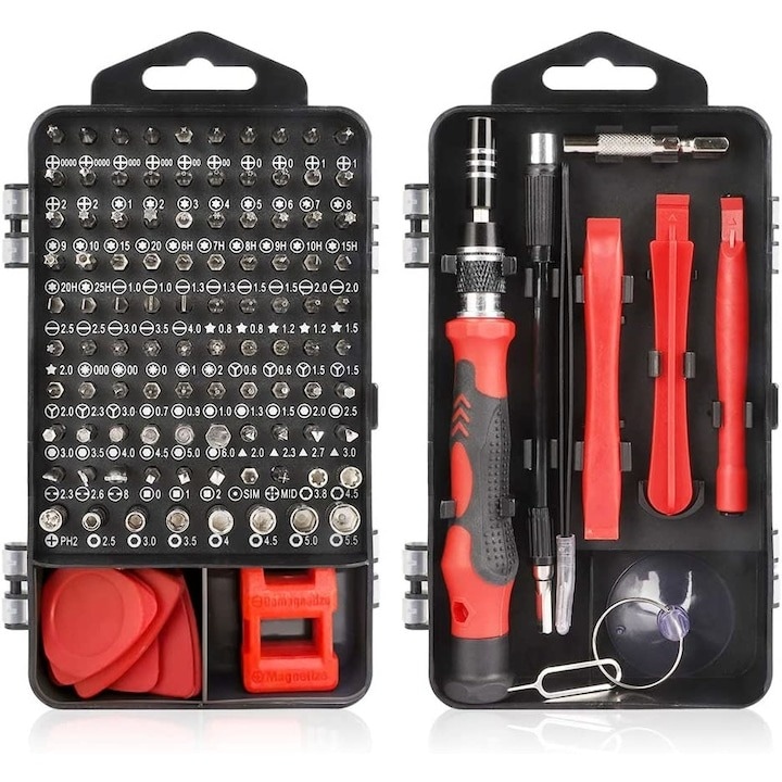 Комплект отвертки и прецизни битове 110 части за ремонт на електроника, телефони, таблети, червено-черно