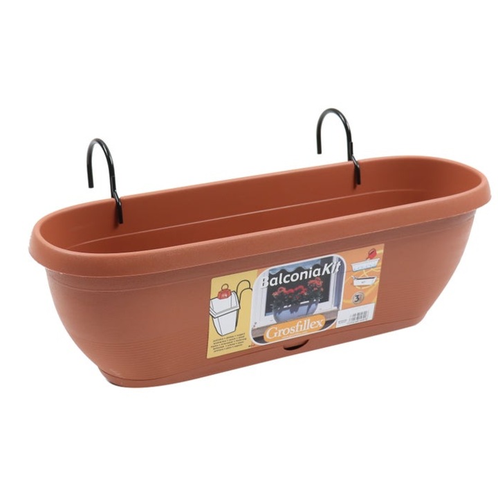 Jardiniera din plastic + kit Balconia, cu suport, pentru balustrada, interior / exterior, ovala, maro, 50 x 16 cm