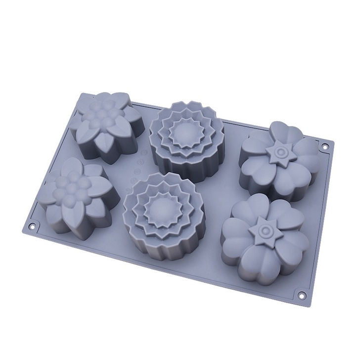 Szilikon torta tepsi, 6 forma, rózsaszín, kék, szürke, 28x17x3,5cm