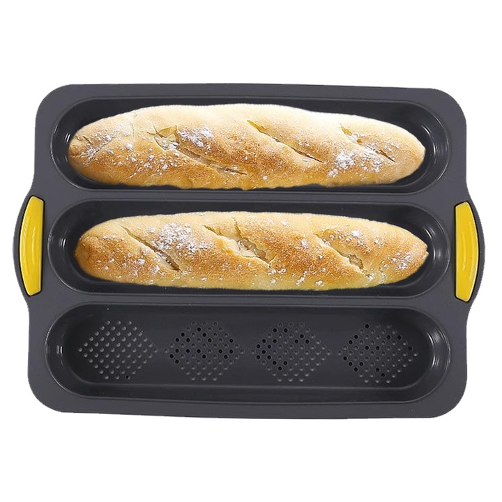 Szilikon bagettsütő tepsi, szürke, 33x23,3x2,5 cm, 3db kenyérsütő tepsi szett