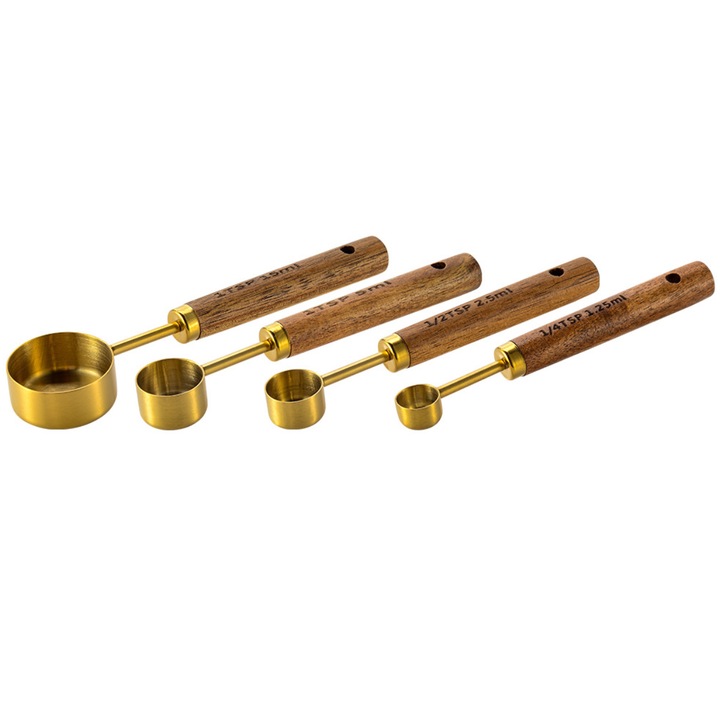 Комплект мерителни чаши и лъжици, Неръждаема стомана, Дръжка от акациево дърво, 4 чаши, 4 лъжици, Различни размери