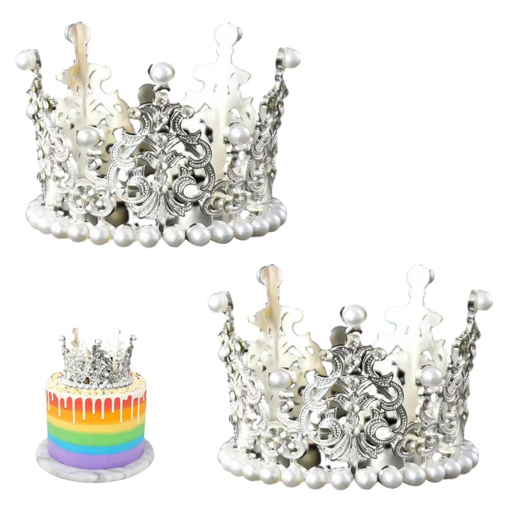 Комплект аксесоари за парти, декорация на торта, ретро корони, златни и сребърни, 5.5x7.5cm, 4 броя