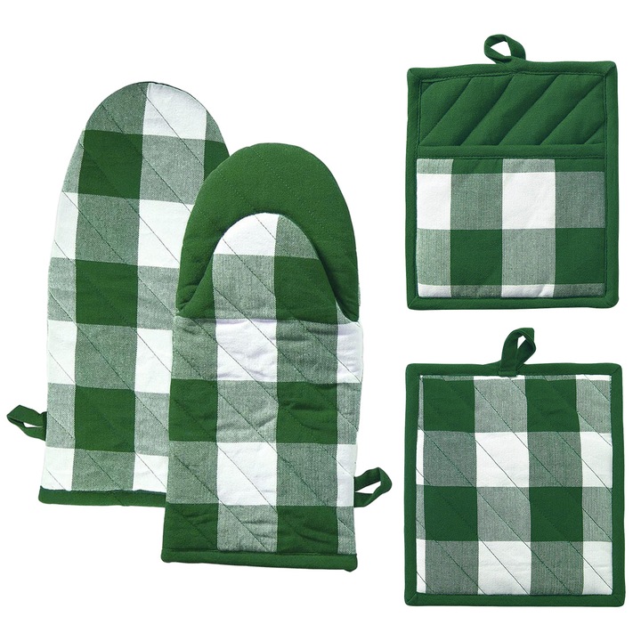 Sütőkesztyű és edényfogó készlet, 4 darabos, pamut, zöld, 29x14 cm, 23x19 cm