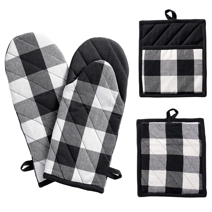 Sütőkesztyű és edényfogó készlet, 4 darabos, pamut, fehér/fekete 29x14 cm, 23x19 cm