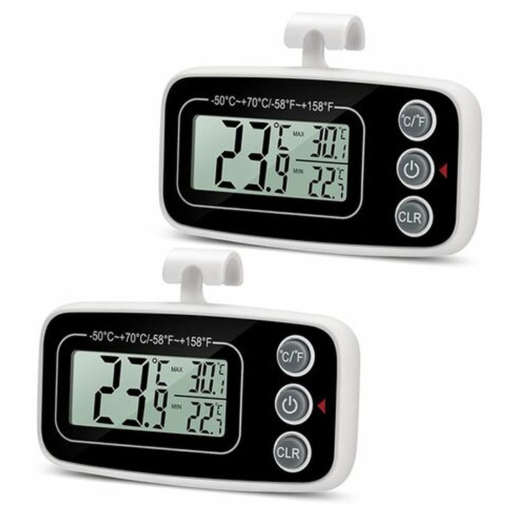 Комплект от 2 цифрови термометъра за хладилник, -50C до 70C, голям LCD дисплей, функция за запис на MAX/MIN