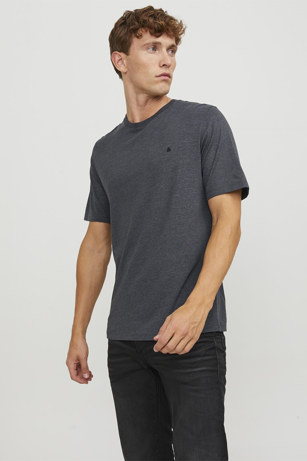 Jack & Jones, Tricou de bumbac organic cu decolteu la baza gatului si broderie discreta, Gri melange, 2XL