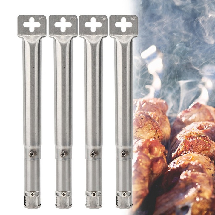 Set 4 piese tuburi arzatoare drepte din otel inoxidabil pentru gratar pe gaz, ajustabile, argintii, 12"x17.5"