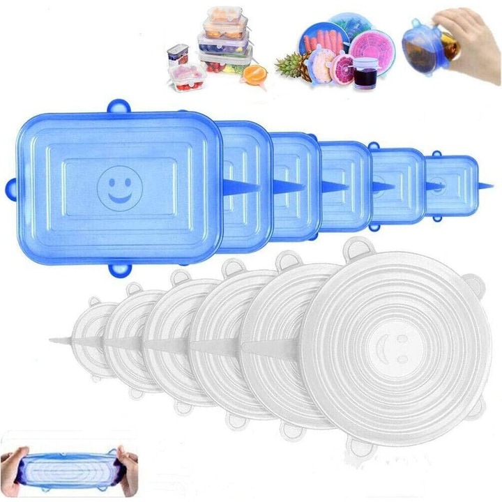 Силиконови капаци за многократна употреба, комплект от 12, квадратни сини и кръгли бели, за храна, плодове, чаши, купички, буркани, съвместими с микровълнова фурна/фурна/хладилник