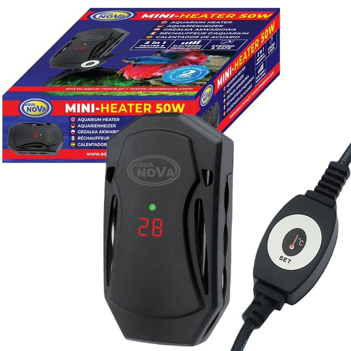 Нагревател за аквариум Aqua Nova Mini-Heater, 50W, регулируем, с термометър, 50-100л