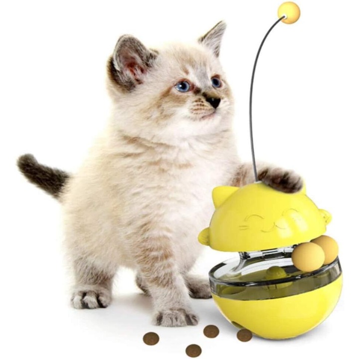 Jucarie interactiva pentru pisici, AMRINUGL, 3 in 1, cu dispenser de hrana, pentru toate varstele, galben