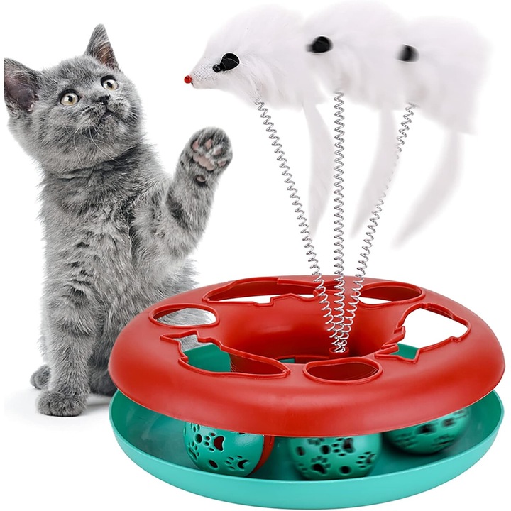 Jucarie pentru pisici, AMRINUGL, jucarie 2 in 1 cu soarece si pene, 23x23x7cm