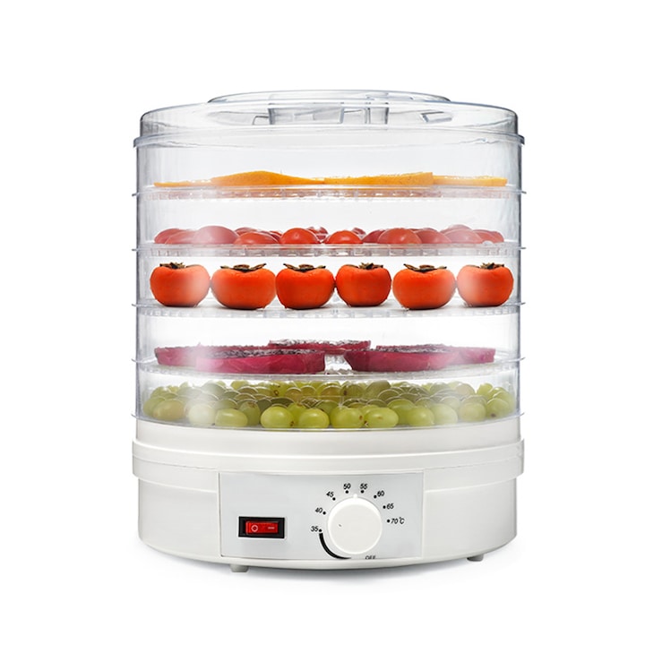 Deshidrator alimente Golxmse, 5 tavi stackable, circulatie aer 360°, alb, 29x29x33cm