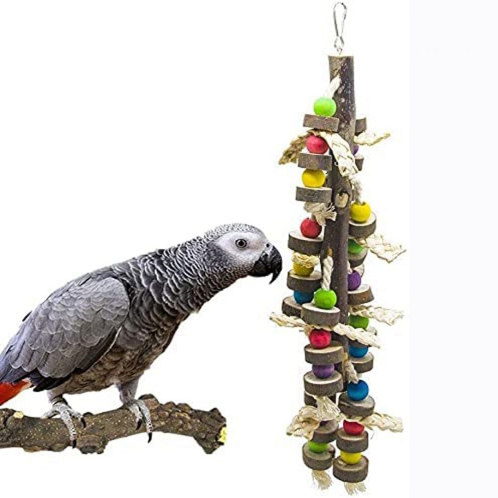 Papagájjáték, AMRNUGL, természetes fa, 45,72x12,7 cm, pamut kötél, többszínű