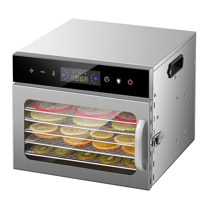 Deshidrator alimente, Golxmse, 6 straturi, 400W, tavi inox, control digital, 30x31x25cm, argintiu