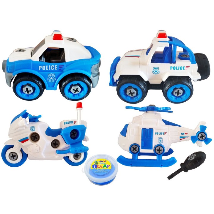 Set 4 jucarii de asamblat cu surubelnita, demontabile, vehicule POLITIE si Plastelina AMOS non-toxica