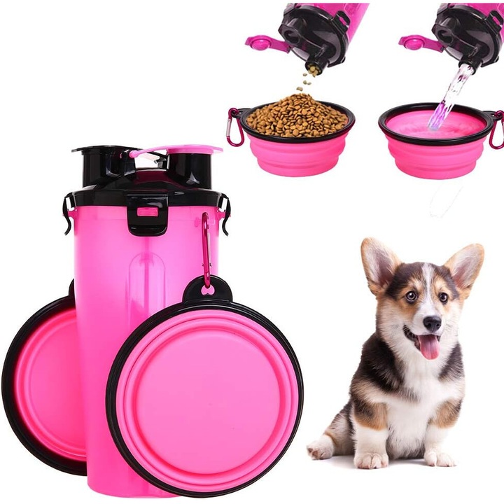 2-в-1 шише за вода за кучета с 2 сгъваеми купички, синьо/розово