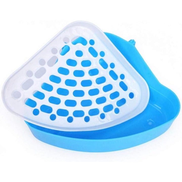 Litiera triunghiulara pentru animale mici, Plastic, Pentru Iepure / Chinchilla / Porcusor de Guinea, 24 x 18 x 11 cm, Albastru / Alb