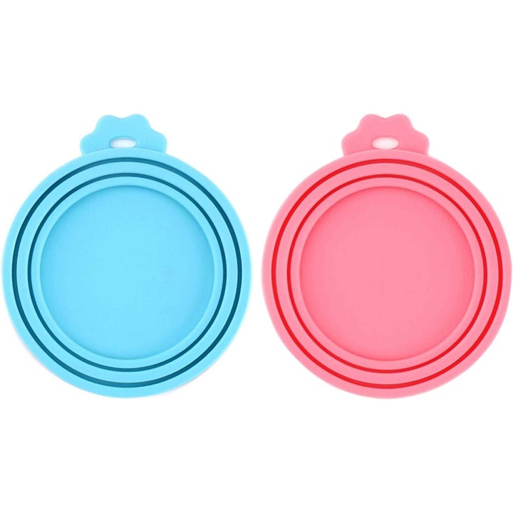Set 6 capace universale, silicon, pentru conserve hrana animale, etanse, 3 marimi, roz/albastru