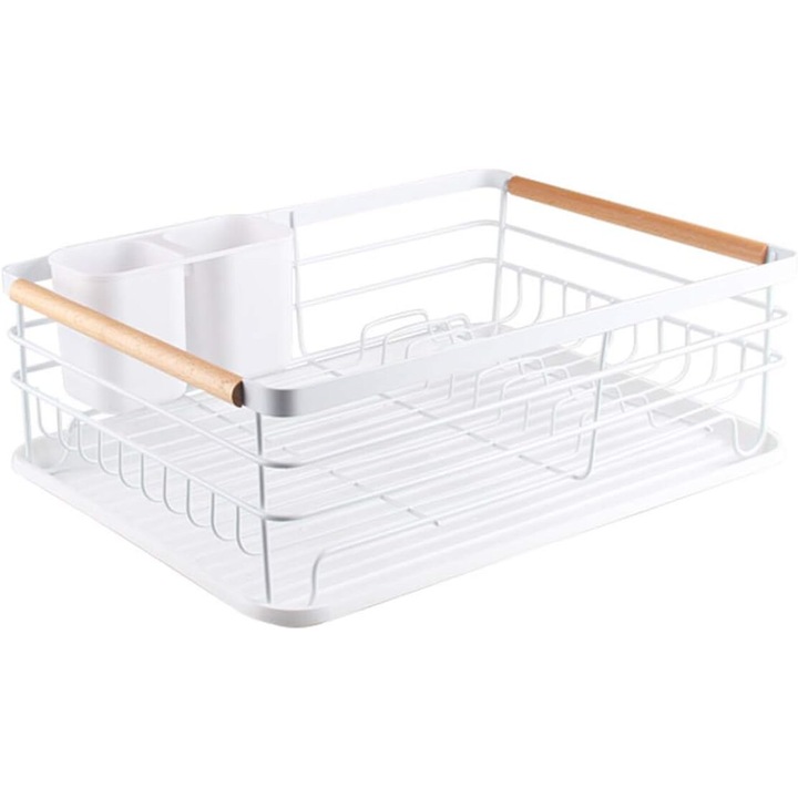 Сушилник за съдове Enforose, модерен ретро дизайн, голям капацитет, прахово боядисана стомана, дръжки от букова дървесина, компактни размери