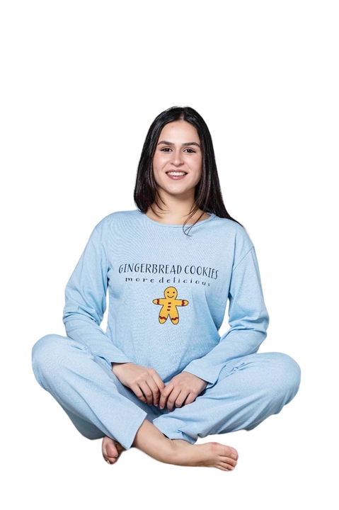 Pijama dama din bumbac, maneca lunga, pantaloni lungi, Albastru, Albastru