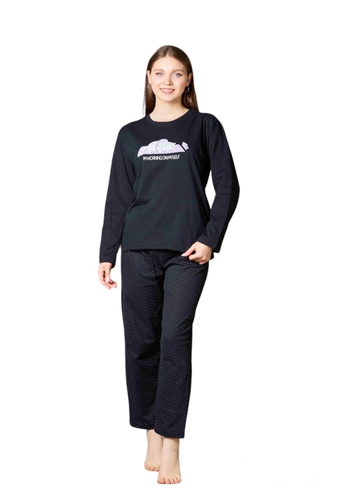 Pijamale dama din bumbac, maneca lunga, pantaloni lungi, bleumarin, Bleumarin