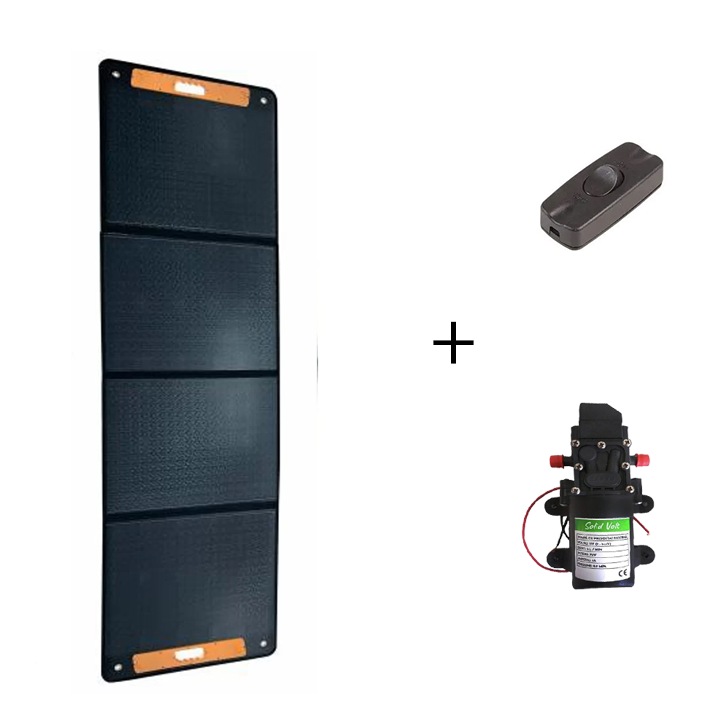 Kit Pompa apa externa cu presostat de suprafata 12V, de 72W, 6 l/min cu panou solar fotovoltaic 200W pliabil si intrerupator Solid Volt, pompa irigat, apa fantana, gradina, udat, adapatoare, combustibil, refulare