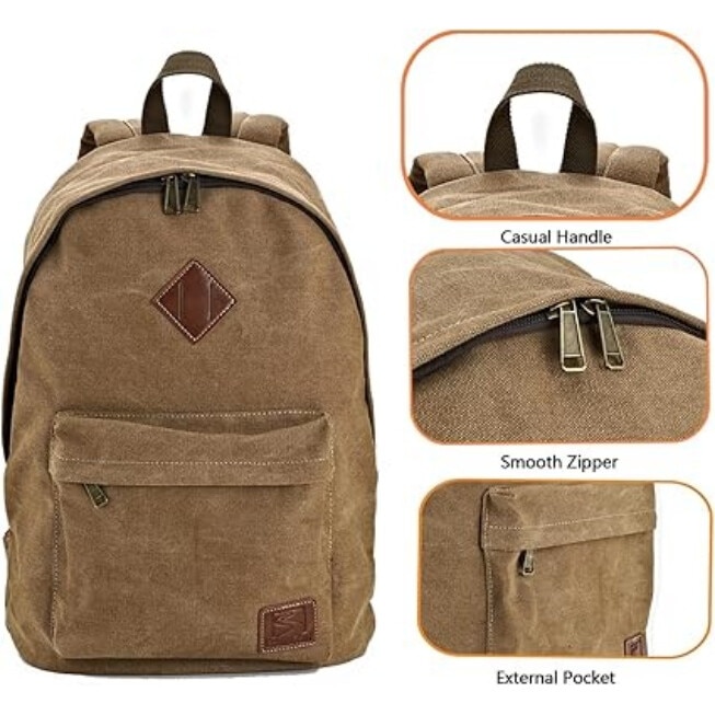 Rucsac din canvas, compartiment laptop 15.6 inch, buzunare functionale, maro, 46x32x19cm