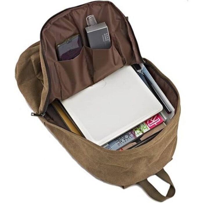 Rucsac din canvas, compartiment laptop 15.6 inch, buzunare functionale, maro, 46x32x19cm