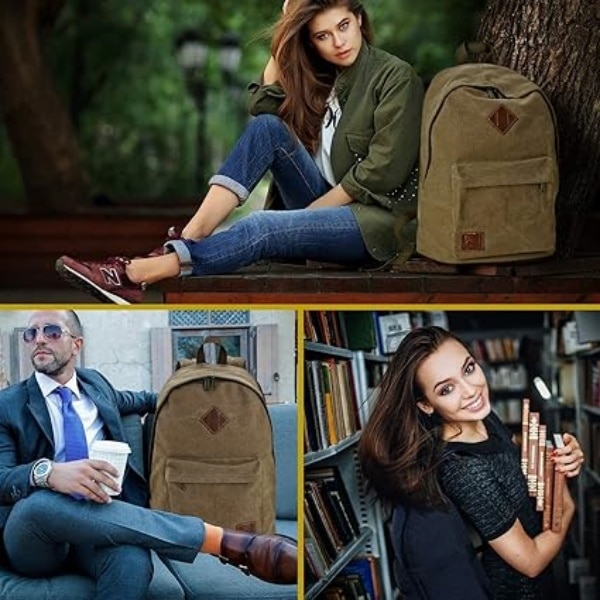 Rucsac din canvas, compartiment laptop 15.6 inch, buzunare functionale, maro, 46x32x19cm