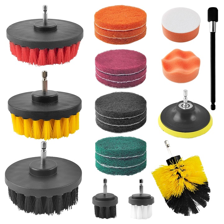 Комплект четки и гъби с адаптер за шлифовъчна машина, Outinhao, 22 части, многоцветни