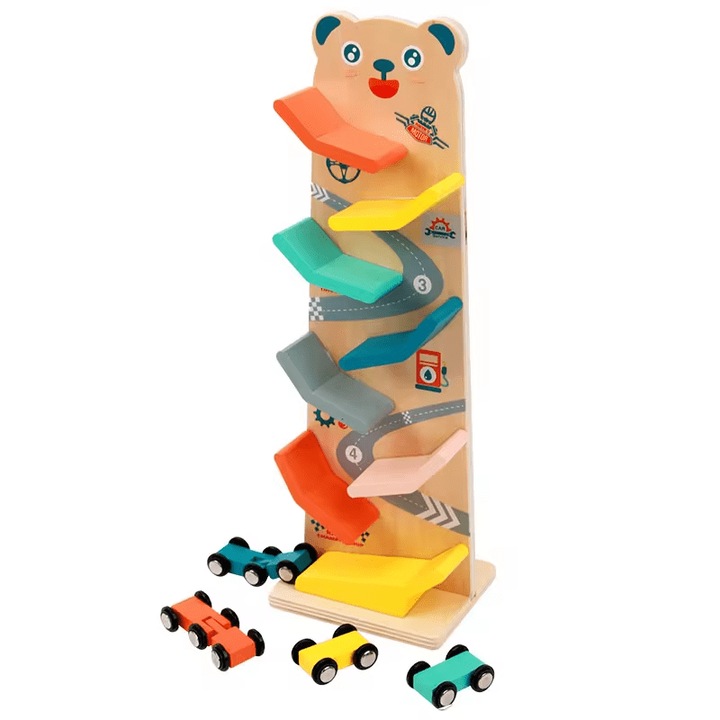 Pista Lemn cu Masinute Rulante in forma de Ursulet, E-Toy®