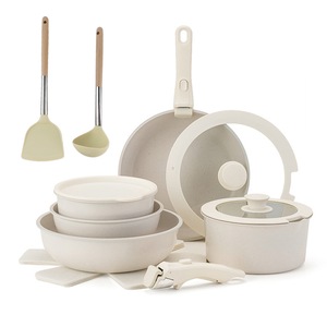 Set de vase de gatit 17 piese Golxmse, tigai 20/26cm, oala lapte 18cm, cratita 20cm, manere detasabile, capac silicon, alb
