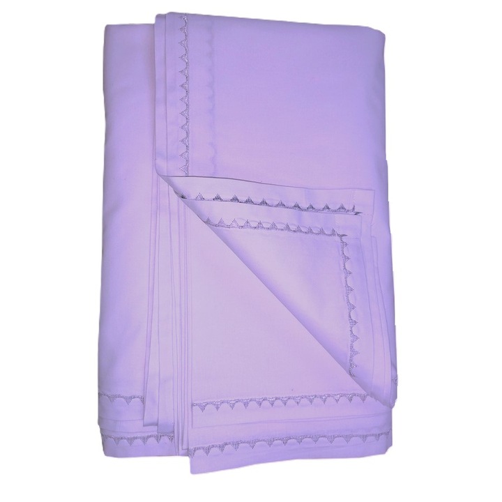 Cearsaf de pat cu bordura brodata, 240 x 260 cm, Casa Bucuriei, lila, bumbac organic lux 100%