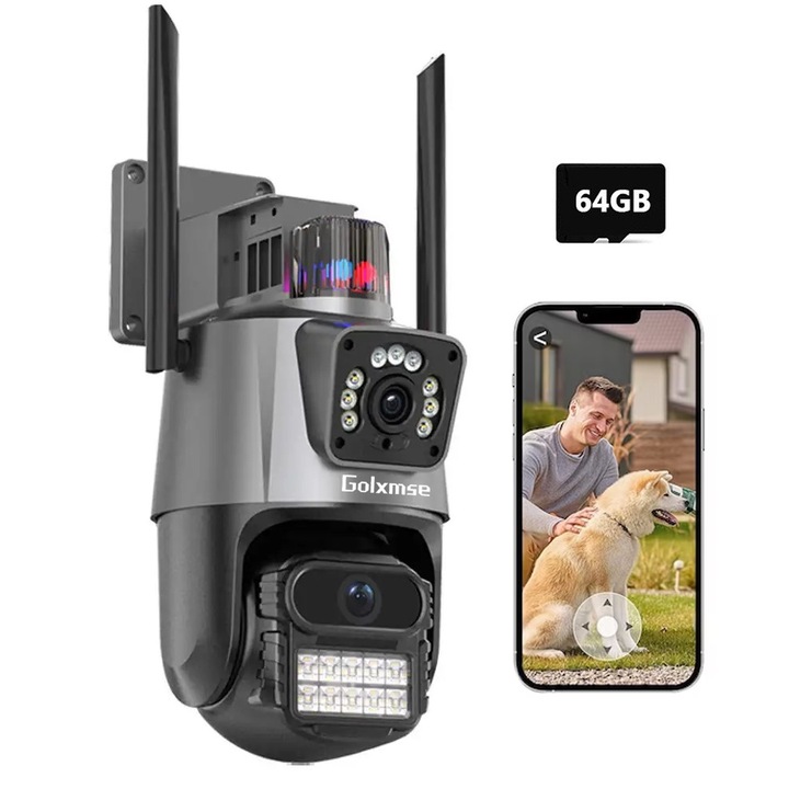 Camera de supraveghere exterior, Golxmse, WIFI, Ultra HD, zoom 5x, rotatie, viziune nocturna color, Ultra-Wide, Picture in Picture, Auto Tracking, Conectare Telefon, Functie Wireless, 2 Antene, negru, 64GB