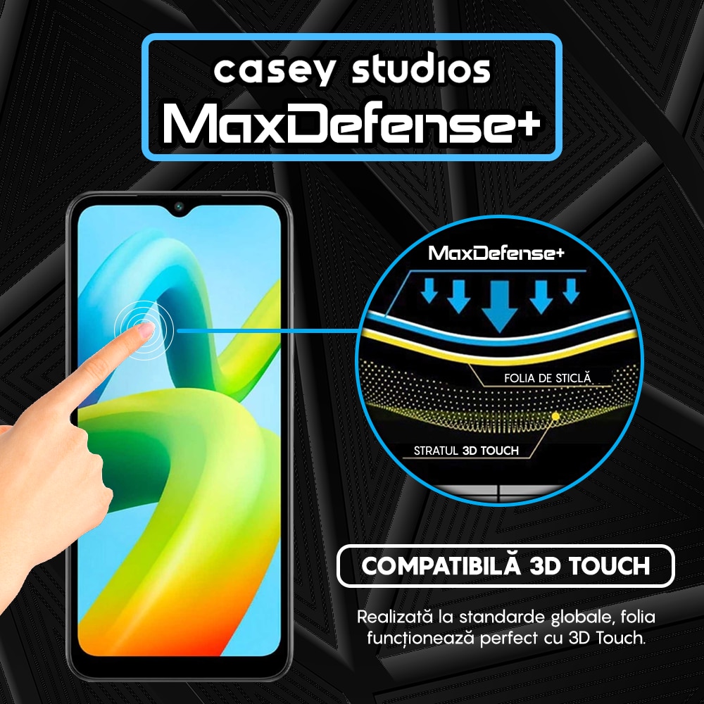 Folie Sticla CASEY STUDIOS™ compatibila cu Xiaomi Redmi A1 / Redmi A1 Plus / Redmi A2 / Redmi A2 Plus, Full Cover 3D, Full Glue, Duritate Militara, Ultra HD, Anti Zgarieturi, Anti Amprente, Anti Socuri, Margini Negre